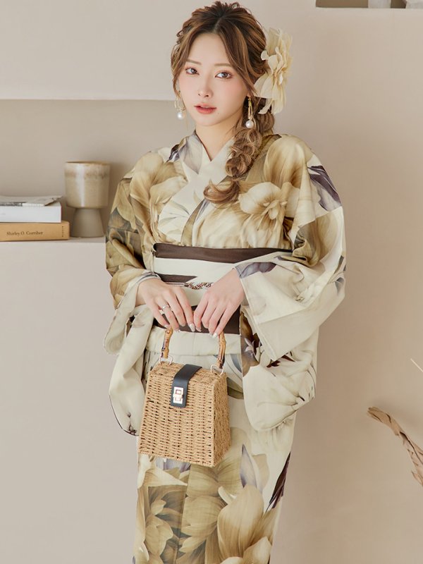 画像8: 【即日発送】ブラウンベージュクラシックフラワー浴衣【浴衣３点セット 浴衣/帯/下駄】[YMT]