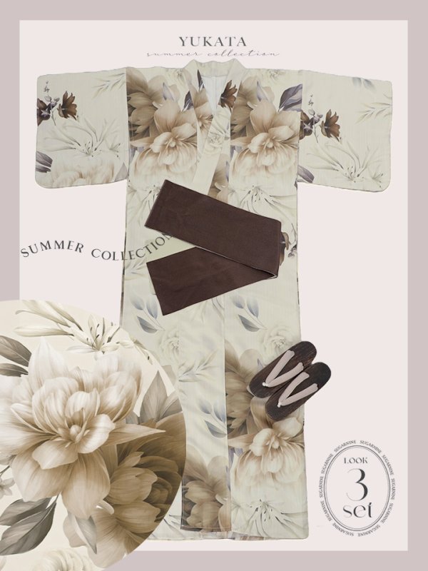 画像20: 【即日発送！】ブラウンベージュクラシックフラワー浴衣【浴衣３点セット 浴衣/帯/下駄】[YMT]