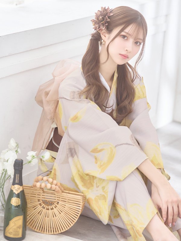 画像11: 【即日発送！】グレージュ×イエローフラワー浴衣【浴衣３点セット 浴衣/帯/下駄】[YMT]