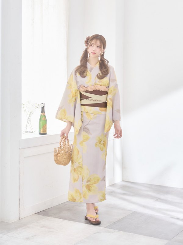 画像12: 【即日発送！】グレージュ×イエローフラワー浴衣【浴衣３点セット 浴衣/帯/下駄】[YMT]