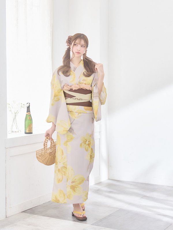 画像13: 【即日発送！】グレージュ×イエローフラワー浴衣【浴衣３点セット 浴衣/帯/下駄】[YMT]