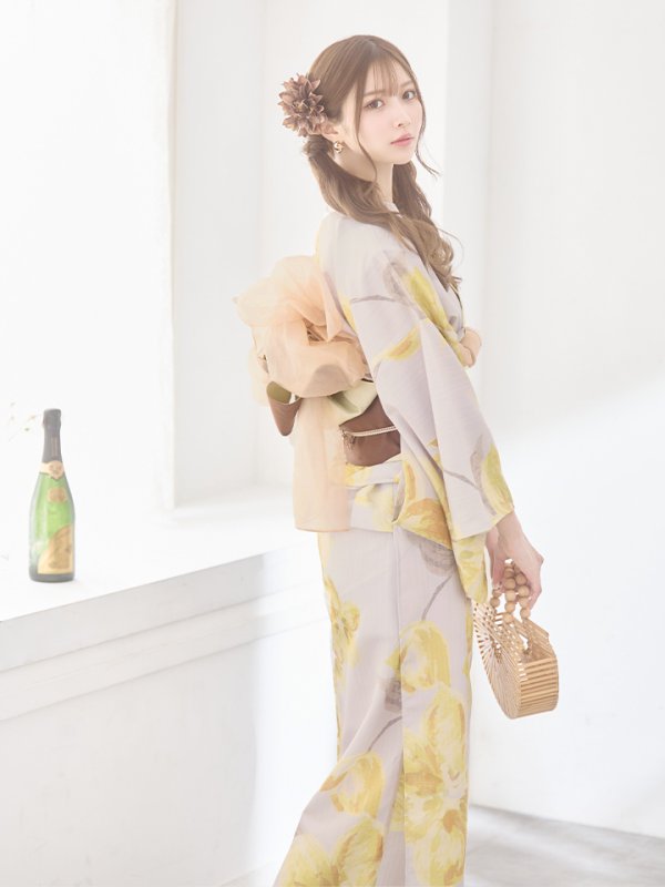 画像14: 【即日発送！】グレージュ×イエローフラワー浴衣【浴衣３点セット 浴衣/帯/下駄】[YMT]