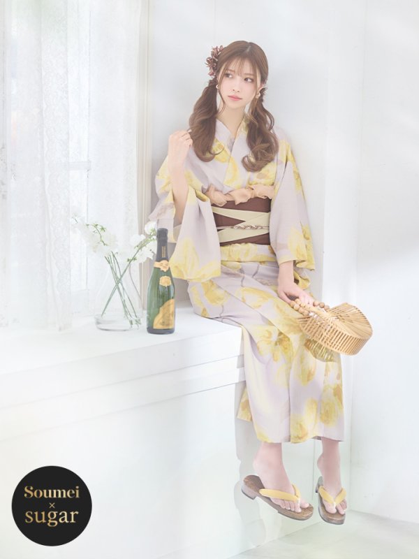 画像2: 【即日発送！】グレージュ×イエローフラワー浴衣【浴衣３点セット 浴衣/帯/下駄】OBI-hira-100-ok-2-BRxBE / HIMO-900-yn-7-MOC / HEKO-800-sb-3-BR / YA-597-kj-BR / GETA-01-kj-6-MUS/ [YMT]