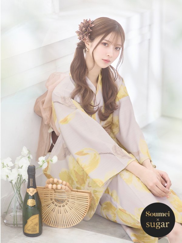 画像3: 【即日発送！】グレージュ×イエローフラワー浴衣【浴衣３点セット 浴衣/帯/下駄】[YMT]