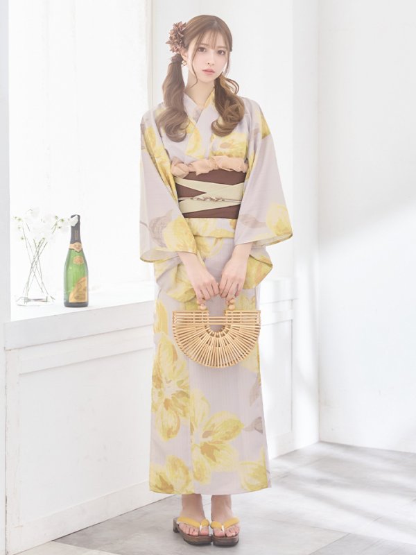 画像4: 【即日発送！】グレージュ×イエローフラワー浴衣【浴衣３点セット 浴衣/帯/下駄】[YMT]