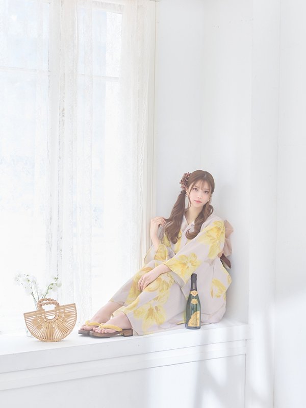 画像7: 【即日発送！】グレージュ×イエローフラワー浴衣【浴衣３点セット 浴衣/帯/下駄】[YMT]