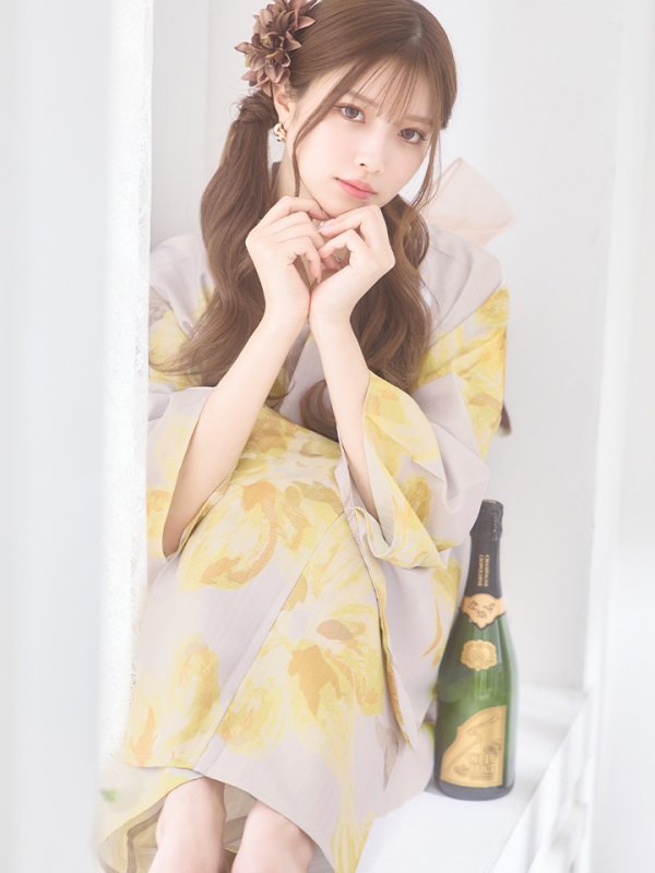 画像9: 【即日発送！】グレージュ×イエローフラワー浴衣【浴衣３点セット 浴衣/帯/下駄】[YMT]