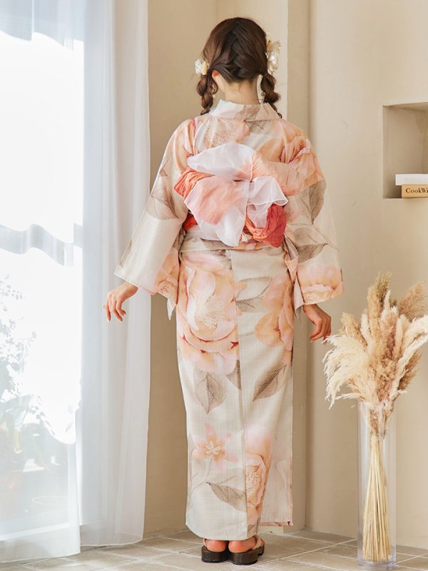 画像12: 【即日発送！】ピンクベージュ牡丹浴衣【浴衣３点セット 浴衣/帯/下駄】[YMT]