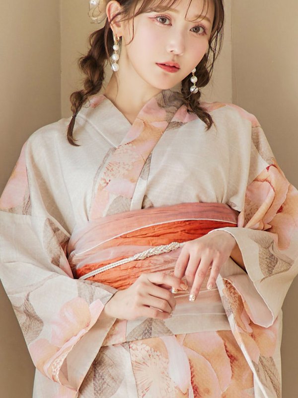 画像13: 【即日発送！】ピンクベージュ牡丹浴衣【浴衣３点セット 浴衣/帯/下駄】[YMT]