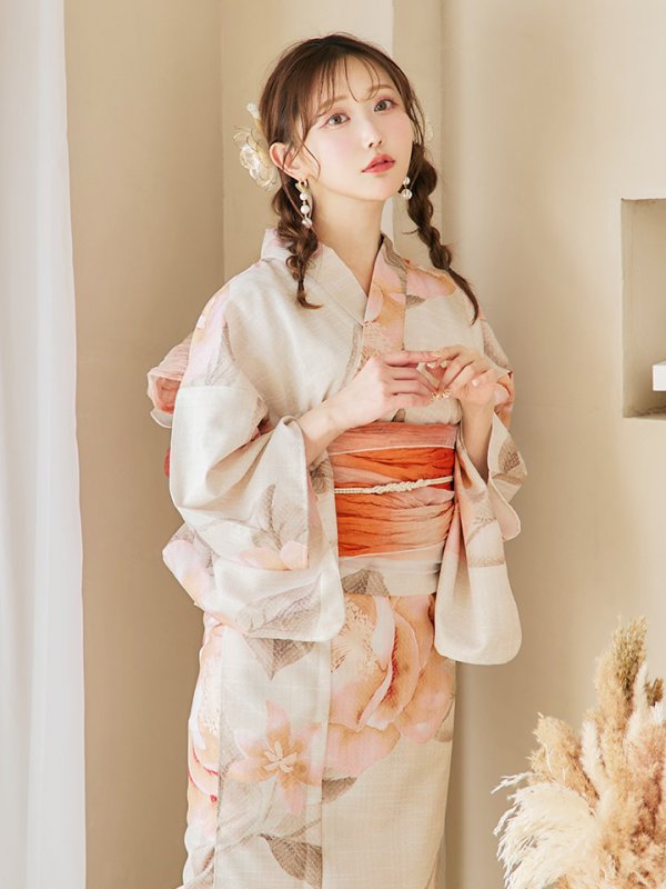 画像2: 【即日発送！】ピンクベージュ牡丹浴衣 OBI-g-500-kj-4-OR / HIMO-900-yn-5-IV / HEKO-800-sb-5-WH / YA-594-kj-CL / YA-1081-kj-BR / GETA-01-kj-7-P/ [YMT]