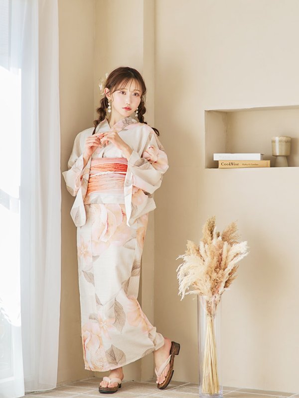 画像3: 【即日発送！】ピンクベージュ牡丹浴衣【浴衣３点セット 浴衣/帯/下駄】[YMT]