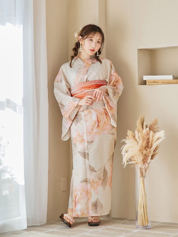 画像4: 【即日発送！】ピンクベージュ牡丹浴衣【浴衣３点セット 浴衣/帯/下駄】[YMT]