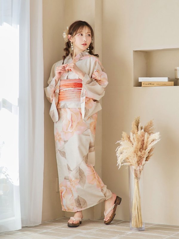 画像6: 【即日発送！】ピンクベージュ牡丹浴衣【浴衣３点セット 浴衣/帯/下駄】[YMT]