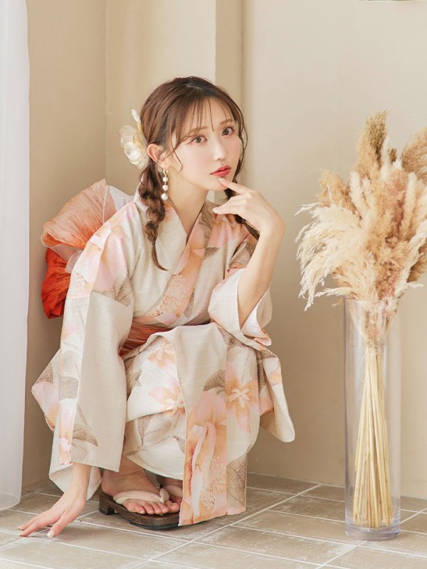 画像7: 【即日発送！】ピンクベージュ牡丹浴衣【浴衣３点セット 浴衣/帯/下駄】[YMT]