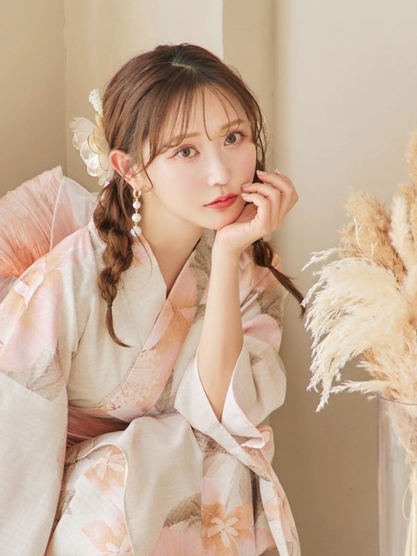 画像10: 【即日発送！】ピンクベージュ牡丹浴衣【浴衣３点セット 浴衣/帯/下駄】[YMT]