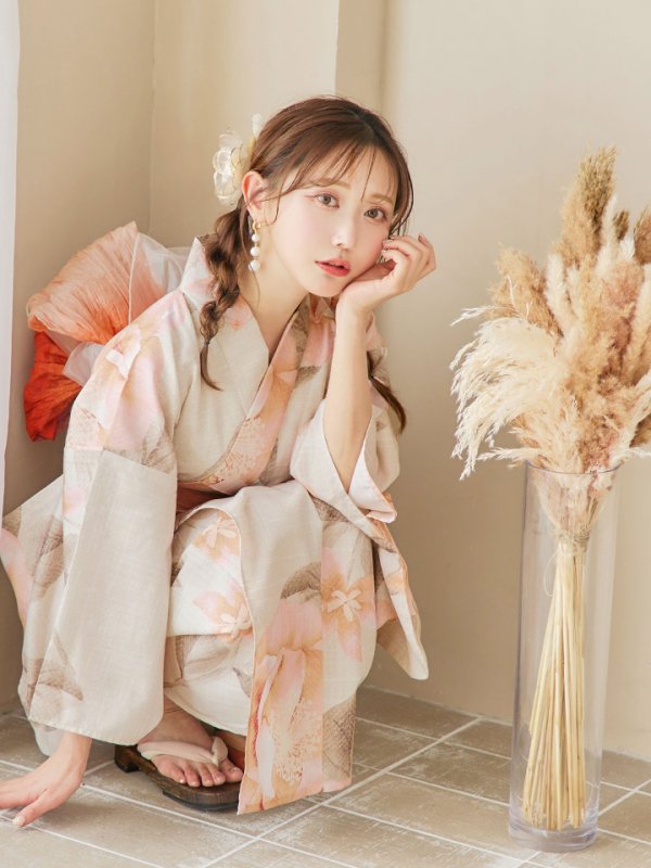 画像9: 【即日発送！】ピンクベージュ牡丹浴衣【浴衣３点セット 浴衣/帯/下駄】[YMT]