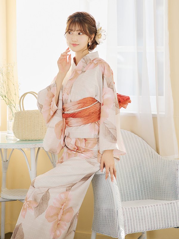 画像13: 【即日発送】ピンクベージュ牡丹浴衣【浴衣３点セット 浴衣/帯/下駄】[YMT]