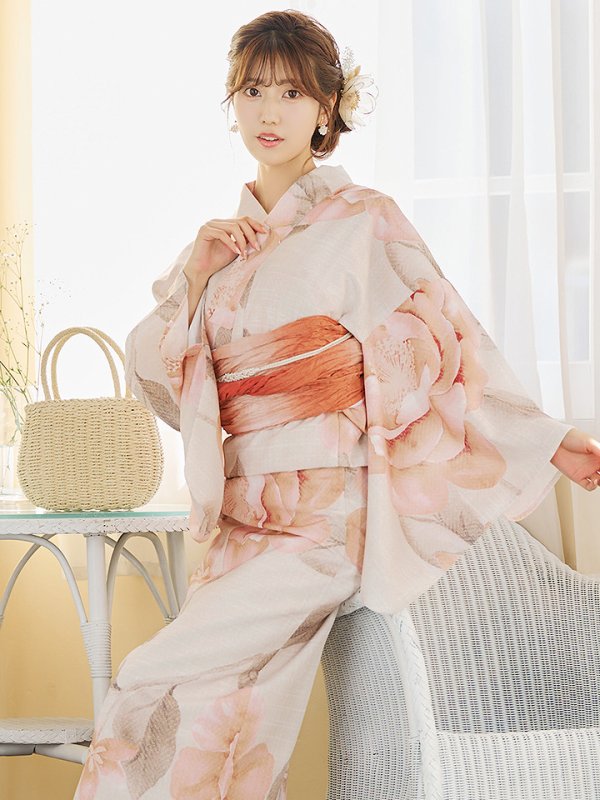 画像3: 【即日発送】ピンクベージュ牡丹浴衣【浴衣３点セット 浴衣/帯/下駄】[YMT]
