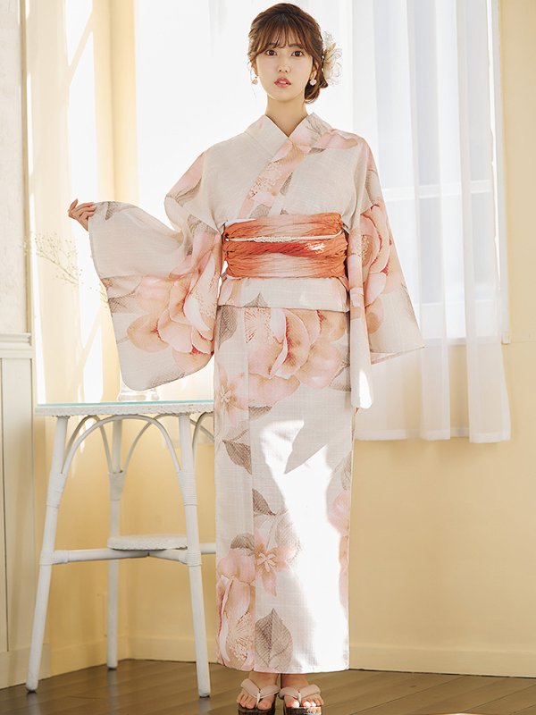 画像4: 【即日発送】ピンクベージュ牡丹浴衣【浴衣３点セット 浴衣/帯/下駄】[YMT]