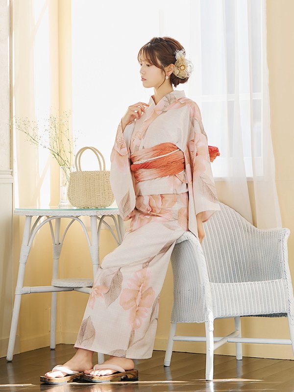 画像6: 【即日発送】ピンクベージュ牡丹浴衣【浴衣３点セット 浴衣/帯/下駄】[YMT]