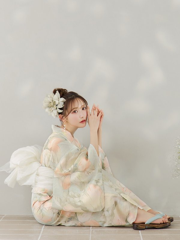画像2: 【即日発送】アイシーミントフラワー浴衣【浴衣３点セット 浴衣/帯/下駄】OBI-siwa-200-kj-13-OW / HIMO-900-yn-5-IV / HEKO-800-sb-5-WH / YA-1082-kj-MI / GETA-01-kj-4-MI/  [YMT]