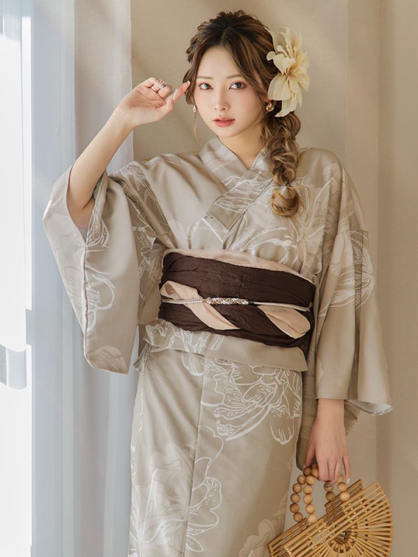 画像1: ニュアンスフラワーベージュ浴衣 OBI-siwa-200-kj-9-BR / HIMO-900-yn-7-MOC / HEKO-800-sb-3-BR / YA-577-kj-W / GETA-01-kj-5-MOC/  [YMT]