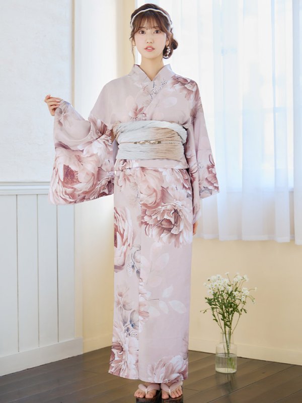 画像4: 【即日発送】くすみピンクアンティークフラワー浴衣【浴衣３点セット 浴衣/帯/下駄】[YMT]