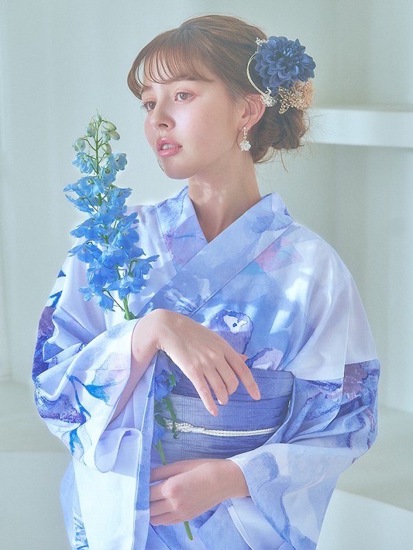 画像13: 【即日発送】水彩フラワーブルー浴衣【浴衣３点セット 浴衣/帯/下駄】[YMT]