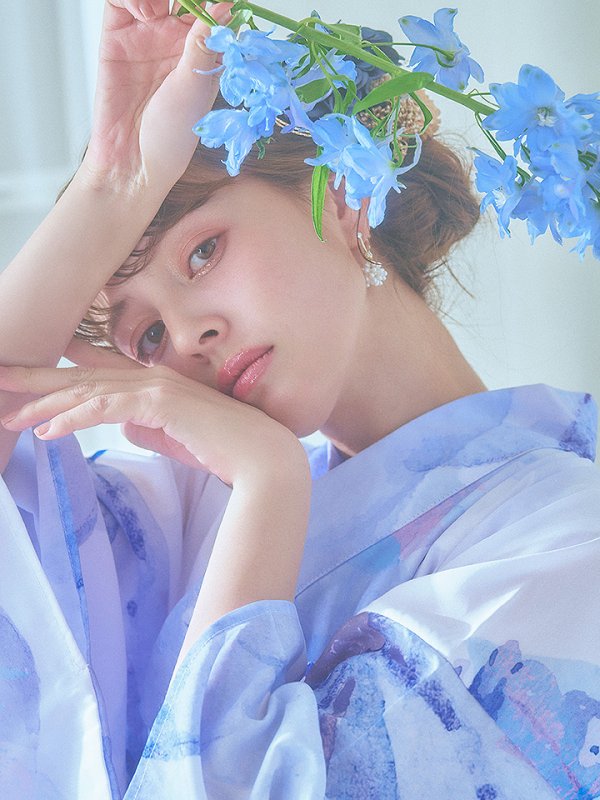 画像17: 【即日発送】水彩フラワーブルー浴衣【浴衣３点セット 浴衣/帯/下駄】[YMT]
