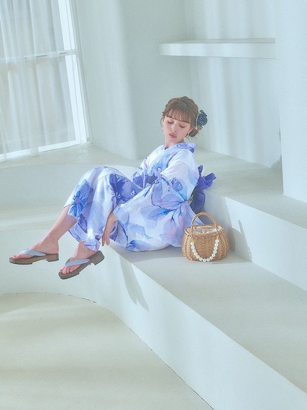 画像20: 【即日発送】水彩フラワーブルー浴衣【浴衣３点セット 浴衣/帯/下駄】[YMT]