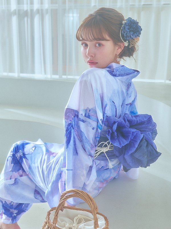 画像3: 【即日発送】水彩フラワーブルー浴衣【浴衣３点セット 浴衣/帯/下駄】[YMT]
