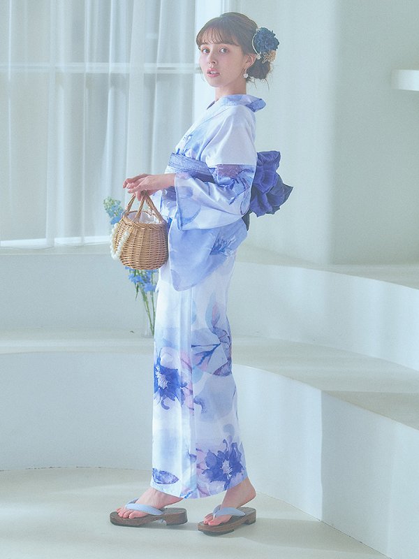 画像4: 【即日発送】水彩フラワーブルー浴衣【浴衣３点セット 浴衣/帯/下駄】[YMT]