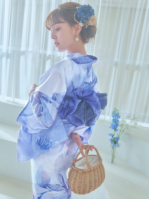 画像7: 【即日発送】水彩フラワーブルー浴衣【浴衣３点セット 浴衣/帯/下駄】[YMT]