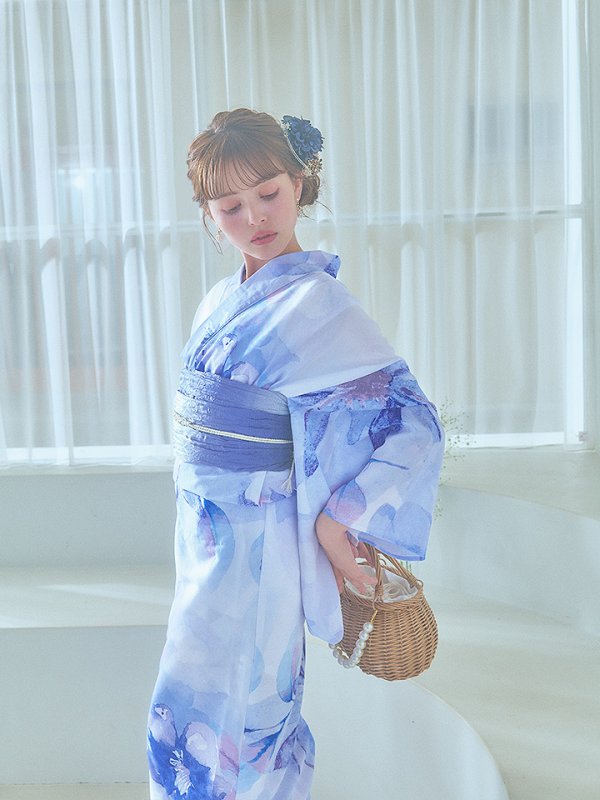 画像8: 【即日発送】水彩フラワーブルー浴衣【浴衣３点セット 浴衣/帯/下駄】[YMT]