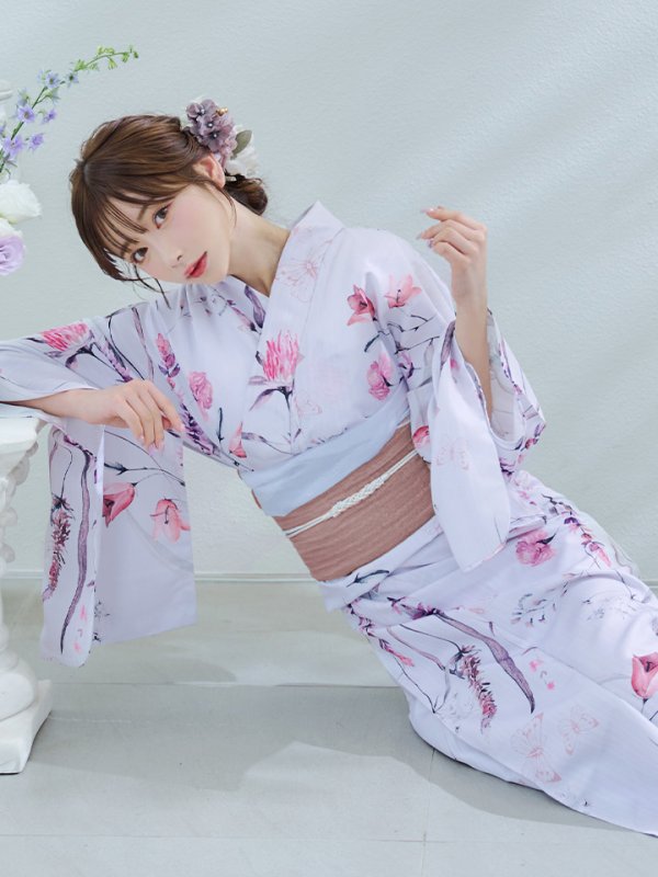画像1: 【即日発送】【Riuコラボ】ボタニカルフラワーと蝶々の浴衣 OBI-lame-400-kj-4-DuP / HIMO-900-yn-5-IV / HEKO-800-sb-5-WH / YA-73-kn-MVPL / YA-953-kn-W / GETA-01-kj-7-P [yo/YMT]