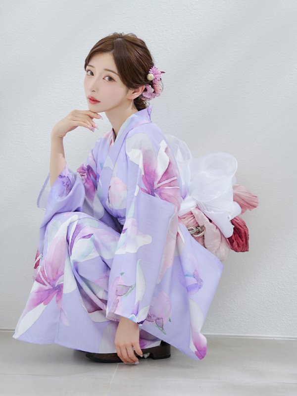 画像3: 【即日発送】【Riuコラボ】パープル地に咲く百合浴衣【浴衣３点セット 浴衣/帯/下駄】[yo/YMT]