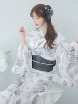 【即日発送】【Riuコラボ】白地×パリの街浴衣 OBI-lame-400-kj-2-B / HIMO-900-yn-4-GYxGY / HEKO-800-sb-5-WH / YA-73-kn-GY / YA-1086-wk-B / GETA-01-kj-3-IV/ [yo/YMT]