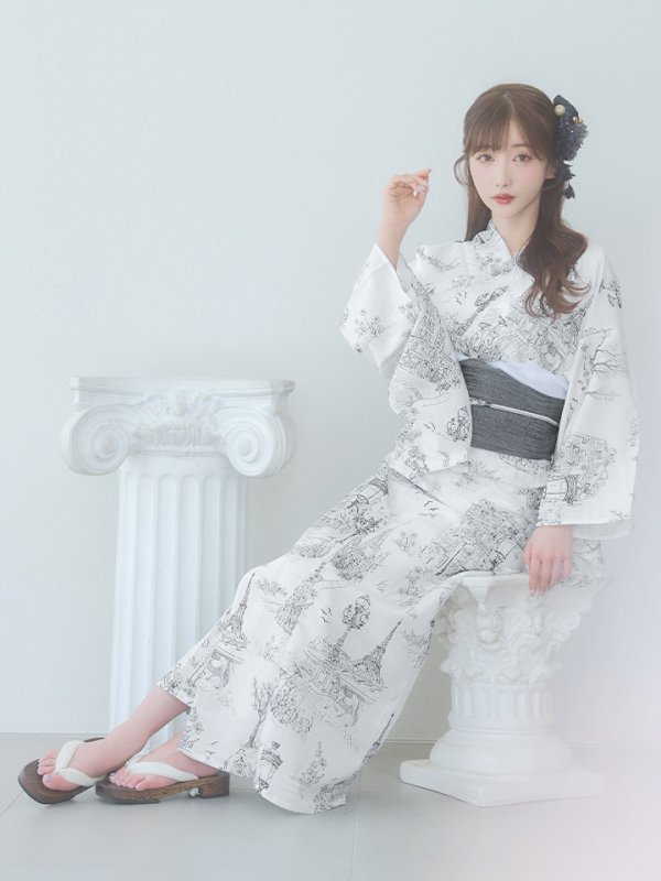 画像10: 【即日発送】【Riuコラボ】白地×パリの街浴衣【浴衣３点セット 浴衣/帯/下駄】[yo/YMT]