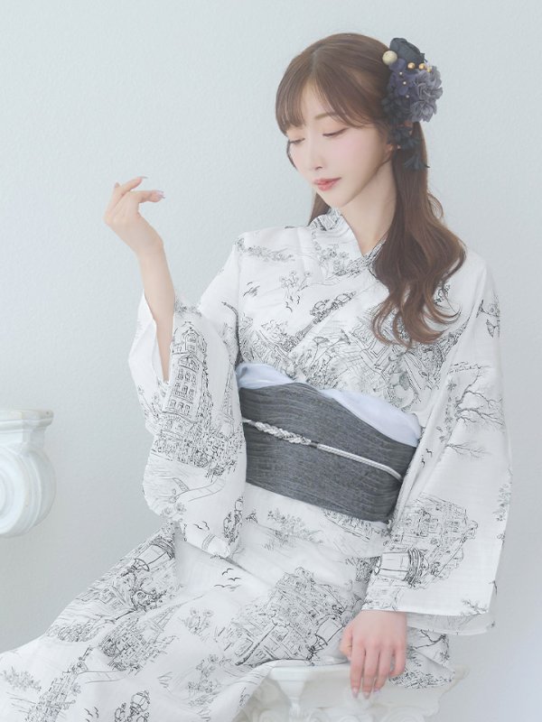 画像11: 【即日発送】【Riuコラボ】白地×パリの街浴衣【浴衣３点セット 浴衣/帯/下駄】[yo/YMT]