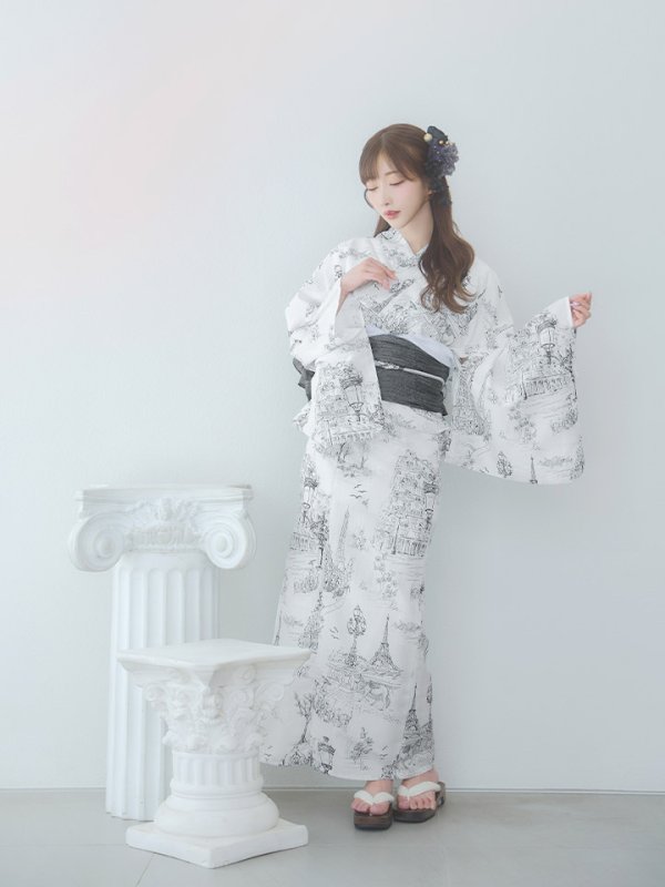 画像13: 【即日発送】【Riuコラボ】白地×パリの街浴衣【浴衣３点セット 浴衣/帯/下駄】[yo/YMT]