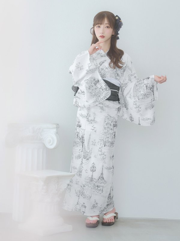 画像15: 【即日発送】【Riuコラボ】白地×パリの街浴衣【浴衣３点セット 浴衣/帯/下駄】[yo/YMT]
