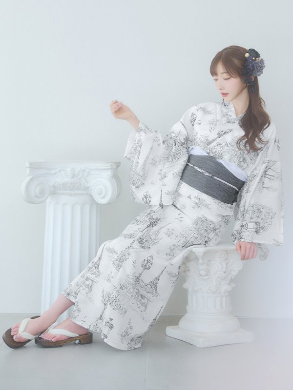 画像16: 【即日発送】【Riuコラボ】白地×パリの街浴衣【浴衣３点セット 浴衣/帯/下駄】[yo/YMT]