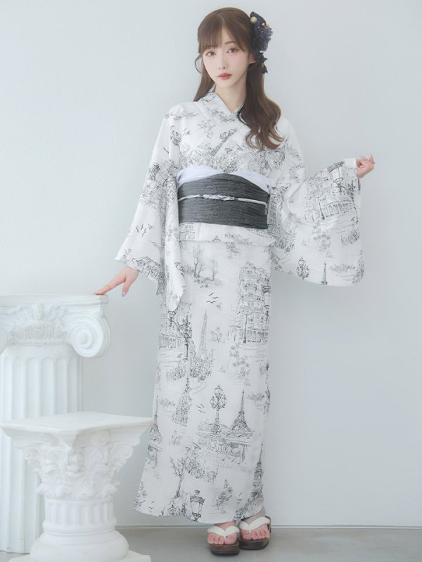 画像4: 【即日発送】【Riuコラボ】白地×パリの街浴衣【浴衣３点セット 浴衣/帯/下駄】[yo/YMT]