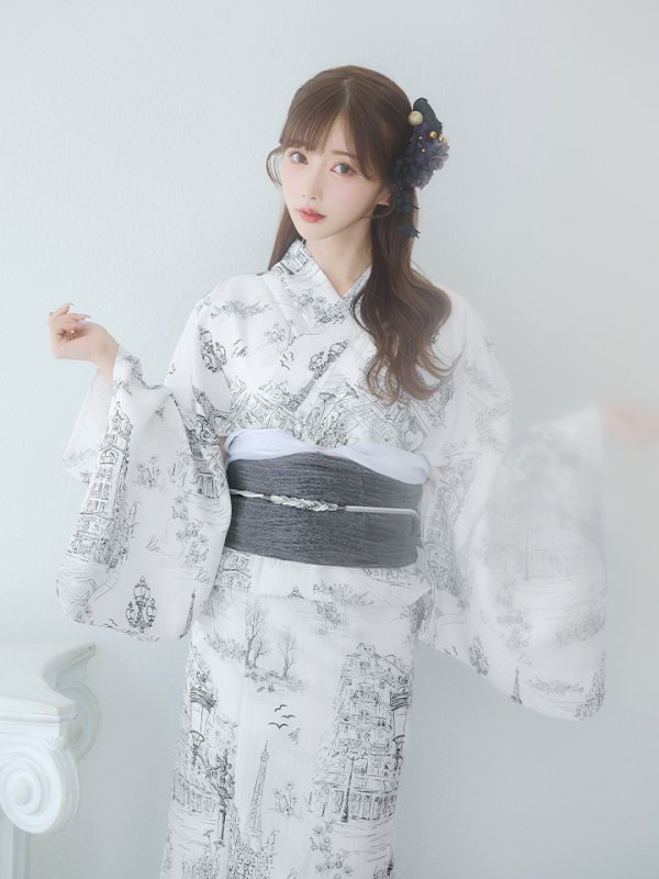 画像6: 【即日発送】【Riuコラボ】白地×パリの街浴衣【浴衣３点セット 浴衣/帯/下駄】[yo/YMT]