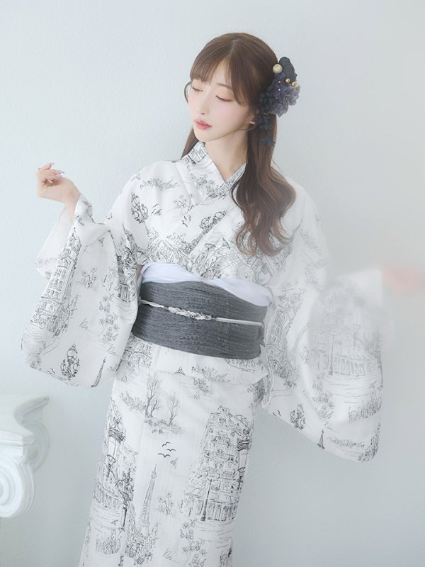 画像7: 【即日発送】【Riuコラボ】白地×パリの街浴衣【浴衣３点セット 浴衣/帯/下駄】[yo/YMT]