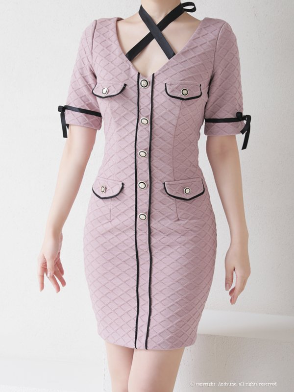 画像15: 【ANDY Fashion Press vol.14 掲載商品】バイカラー/ 五分袖/ 半袖/ 袖あり/ パイピング/ クロスリボン/ ボタン/ タイト/ ミニドレス/ キャバドレス[OF05]