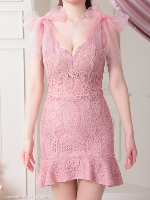 画像31: 【an /アン】マーメイド/ 総レース/ ケミカルレース/ ワンカラー/ チュール/ ショルダーリボン/ フリル/ ランジェリーライク/ ミニドレス/ キャバドレス[OF05]