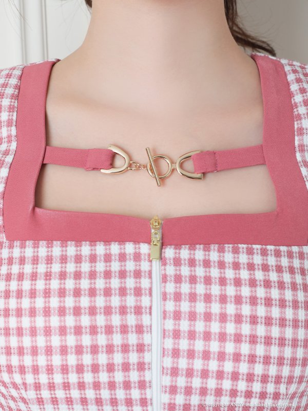 画像25: 【an /アン】ギンガムチェック/ フロントジップ/ スクエアネック/ 袖あり/ ショートスリーブ/ セットアップ/ タイト/ ミニドレス/ キャバドレス[OF05]