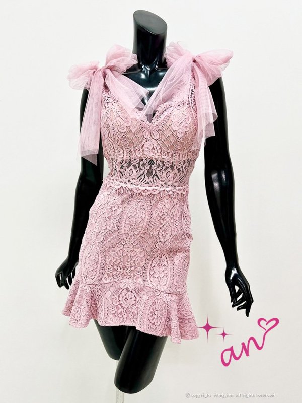 【an /アン】マーメイド/ 総レース/ ケミカルレース/ ワンカラー/ チュール/ ショルダーリボン/ フリル/ ランジェリーライク/ ミニドレス/ キャバドレス[OF05]　ピンク
