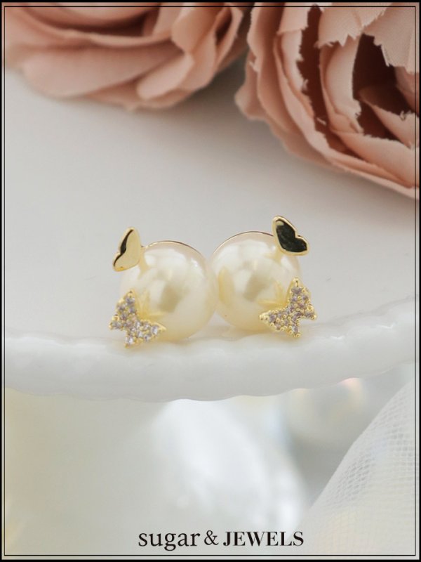 画像1: 【ピアス】ビジューバタフライ大粒パールピアス【Fサイズ/1カラー】[OF02]